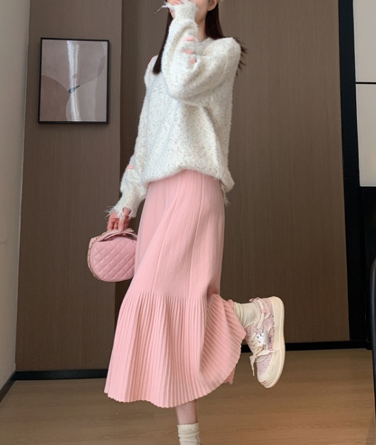 Slim knitted pleated A-line autumn and winter long skirt for women