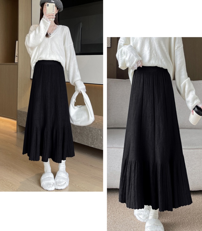 Slim knitted pleated A-line autumn and winter long skirt for women