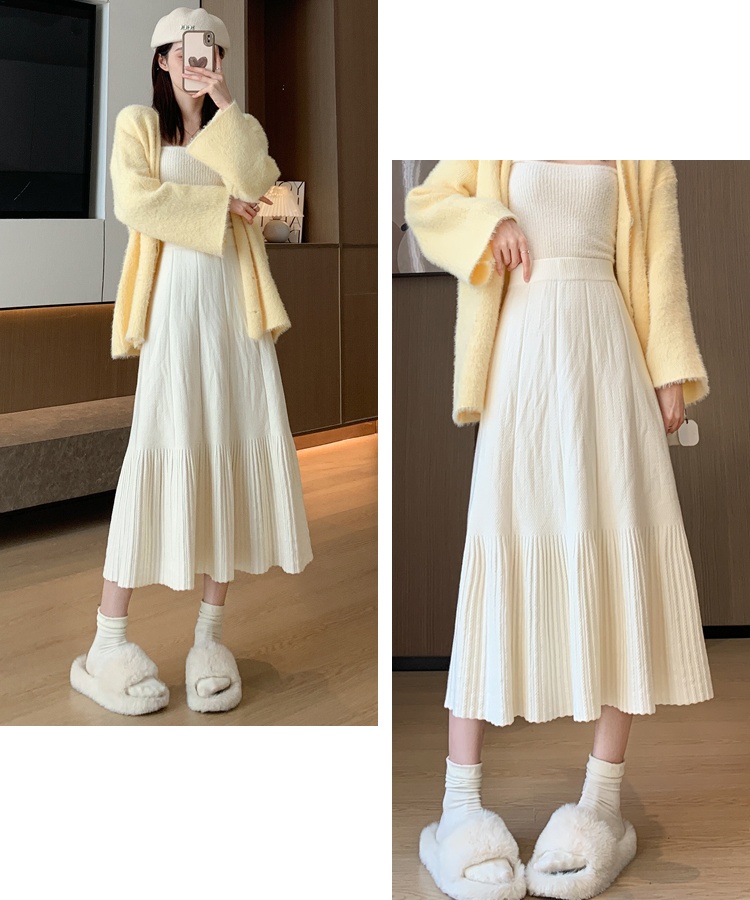 Slim knitted pleated A-line autumn and winter long skirt for women