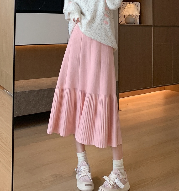 Slim knitted pleated A-line autumn and winter long skirt for women