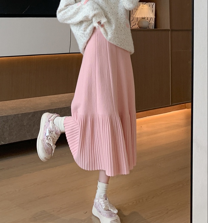 Slim knitted pleated A-line autumn and winter long skirt for women