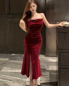 Retro light luxury glitter bottoming red dress for women