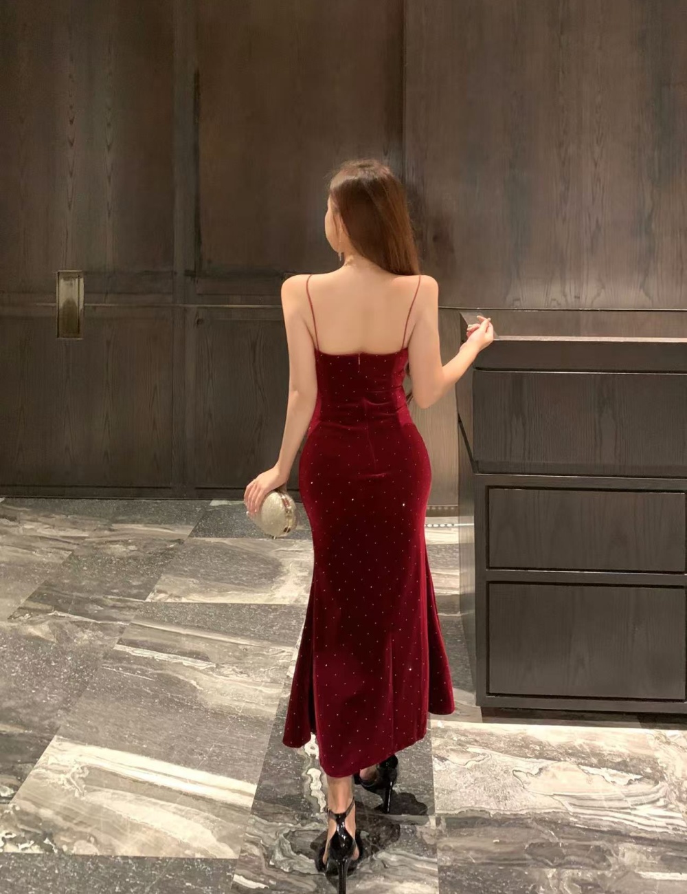 Retro light luxury glitter bottoming red dress for women