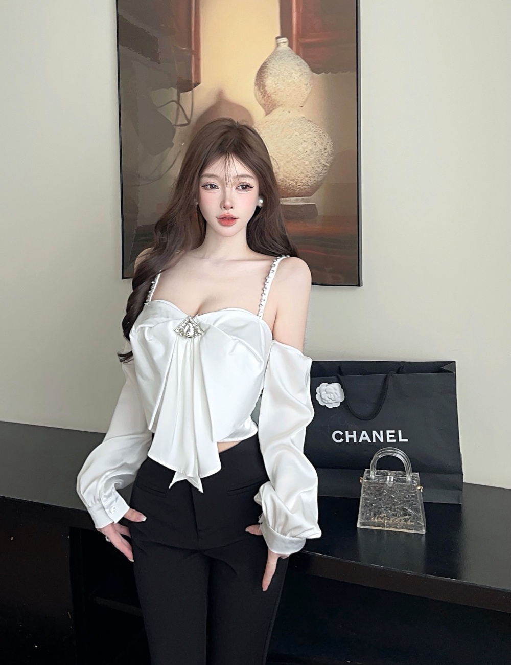 Chanelstyle bow shirt sling tops for women