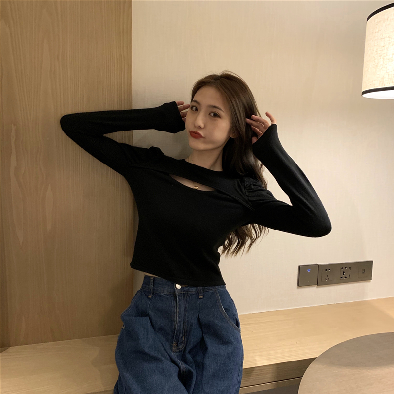 Round neck short tops long sleeve hollow sweater