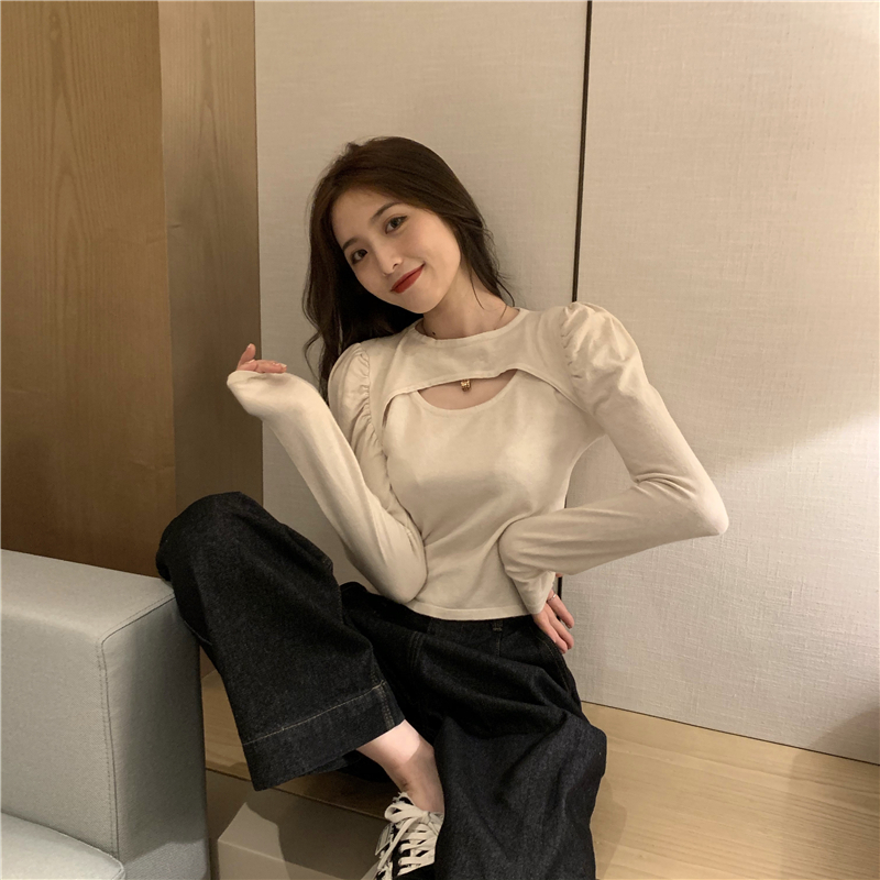 Round neck short tops long sleeve hollow sweater