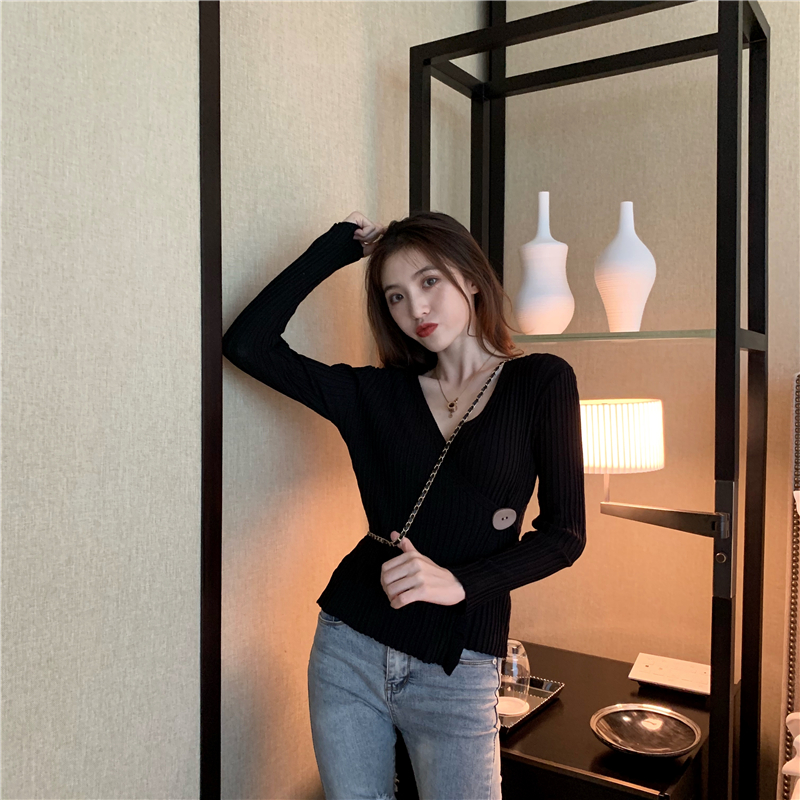 Vertical bars autumn tops long sleeve V-neck sweater