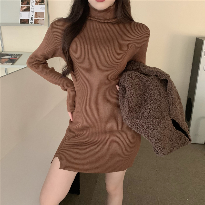 Slim enticement split high collar autumn and winter dress