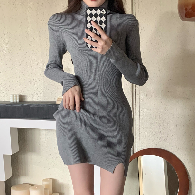 Slim enticement split high collar autumn and winter dress