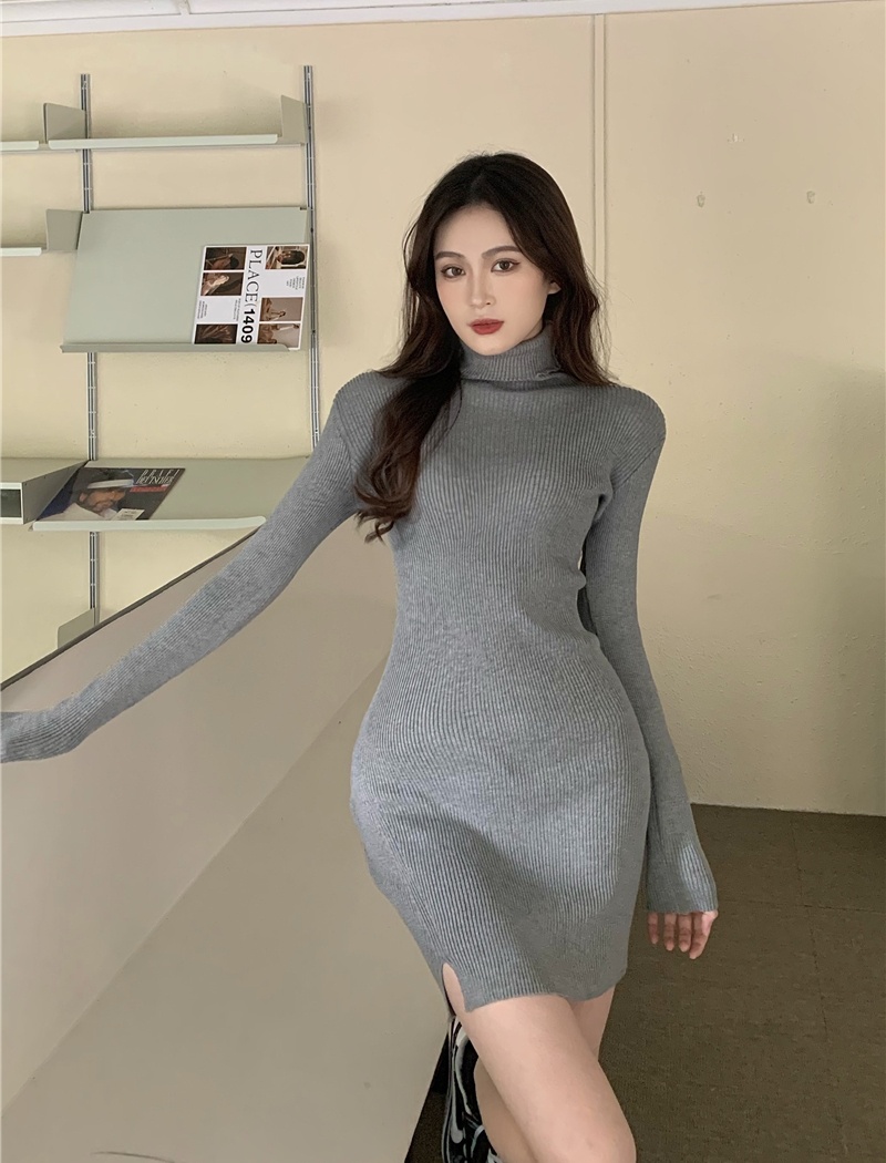 Slim enticement split high collar autumn and winter dress