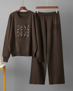 Loose Casual sweatpants knitted round neck sweater a set