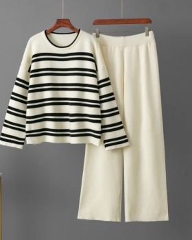 Loose sweater stripe wide leg pants 2pcs set for women