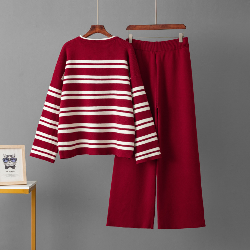 Loose sweater stripe wide leg pants 2pcs set for women