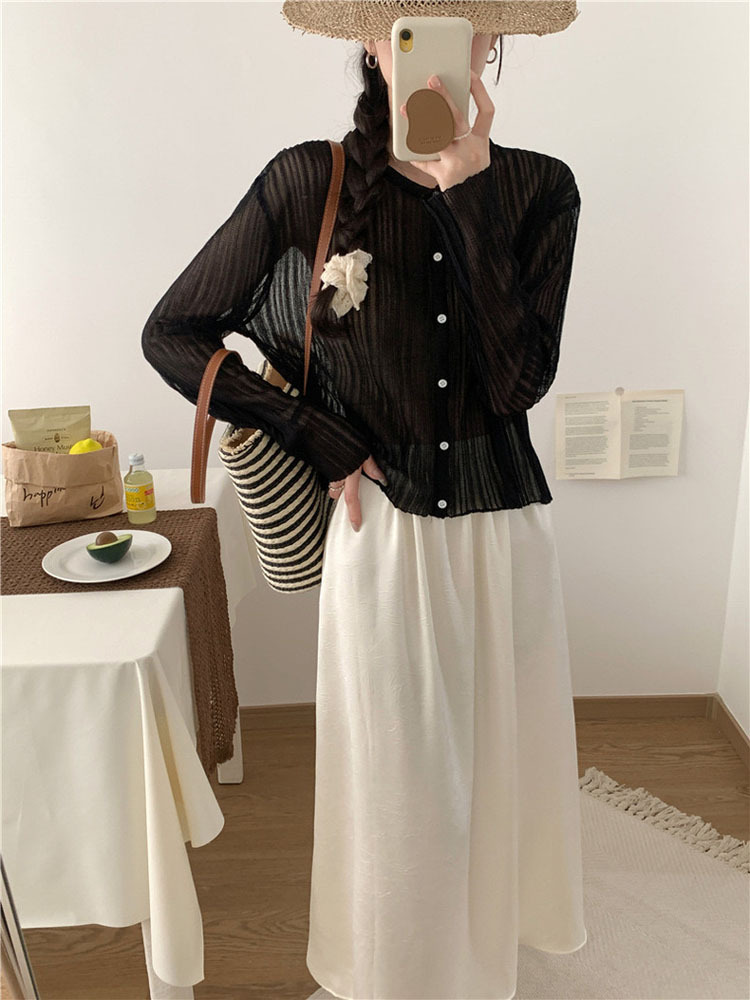 Round neck long sleeve hollow summer buckle cardigan