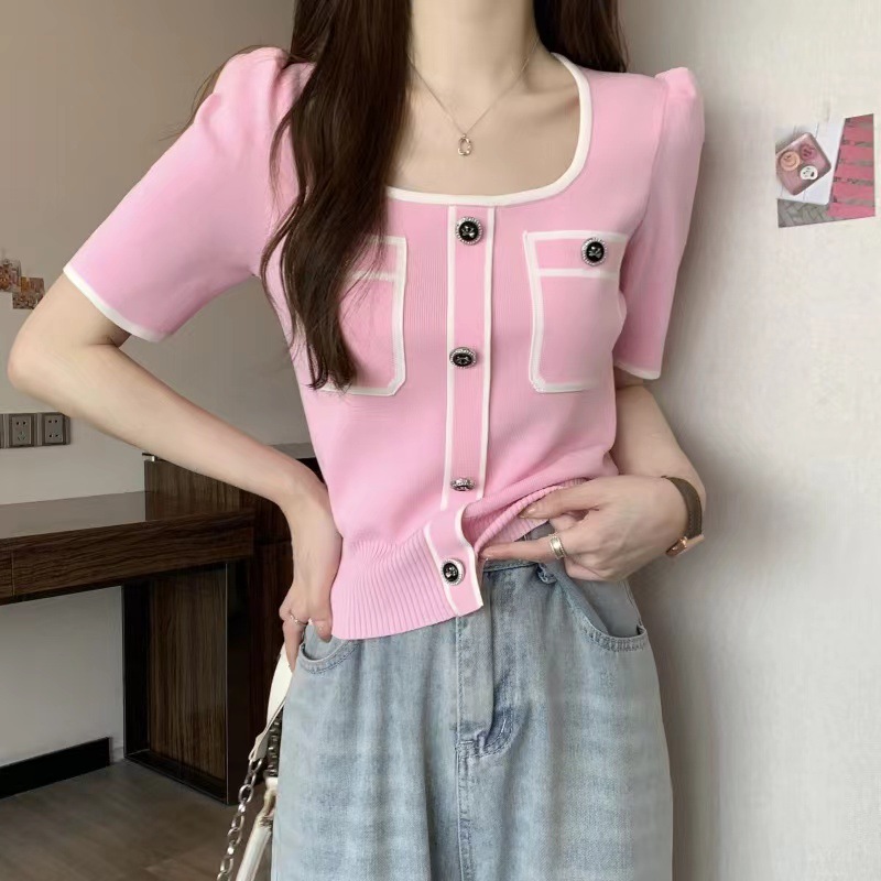 Summer pink puff sleeve tops chanelstyle square collar sweater