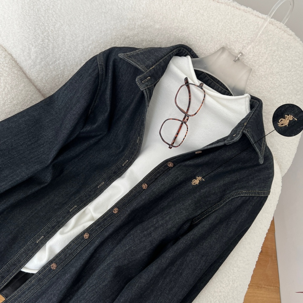 Lapel classic plus velvet shirt denim retro tops