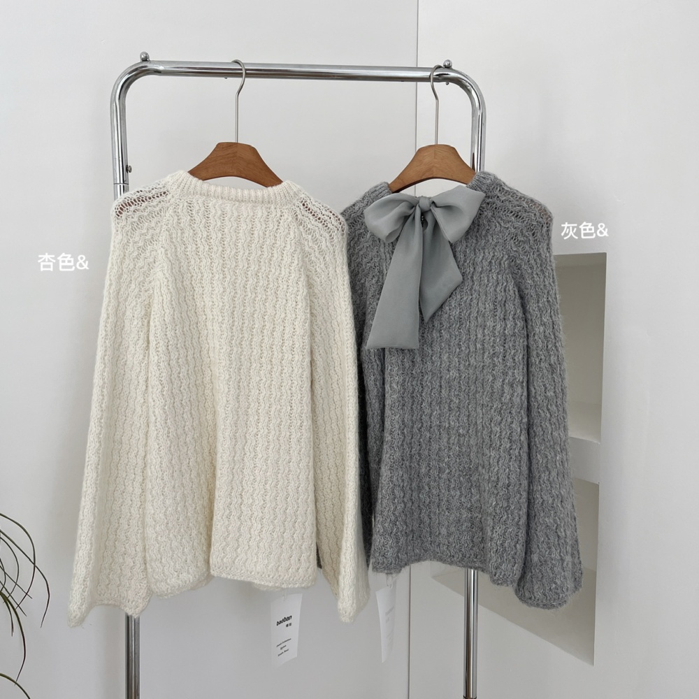 Loose bow sweater round neck winter tops for women