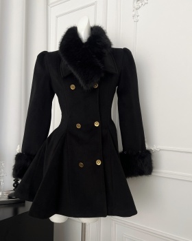 Fur collar clip cotton overcoat thick woolen coat