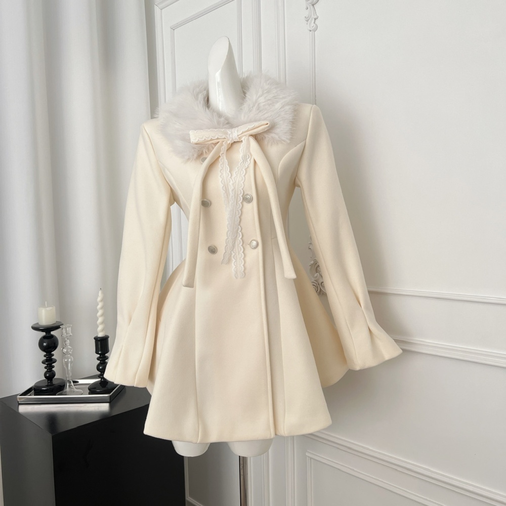 Fur collar pinched waist woolen coat