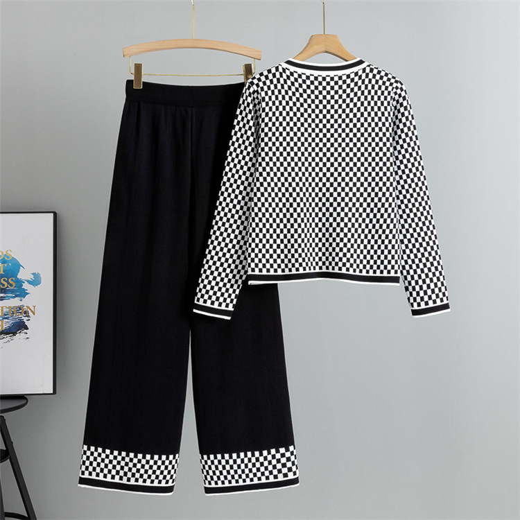 Casual knitted sweater fashion wide leg pants 2pcs set for women