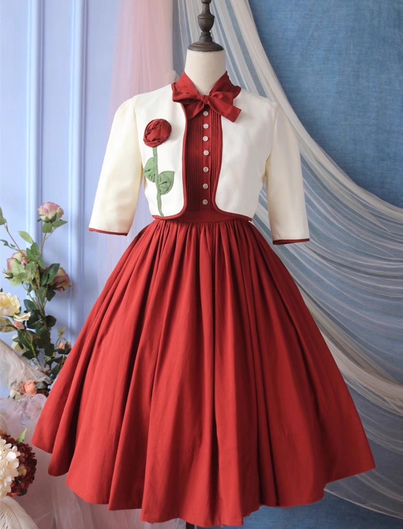 Bow rose sweet frenum autumn red France style jacket