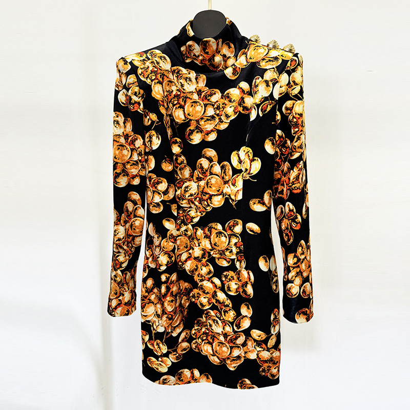 Printing European style long sleeve package hip slim dress