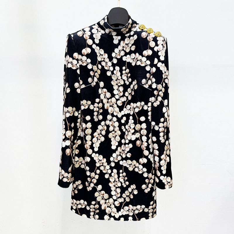 Beading printing golden velvet European style long sleeve dress