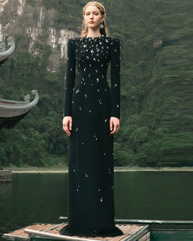 Long sleeve European style dress elegant beading long dress