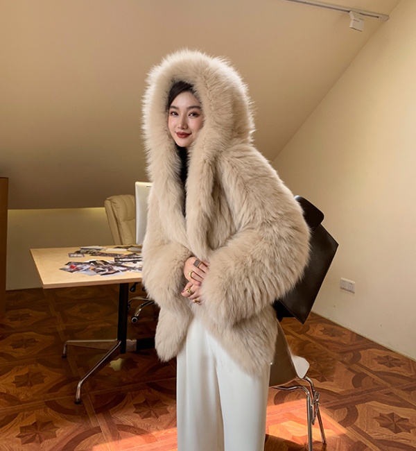 Lambs wool thick coat hooded overcoat for women