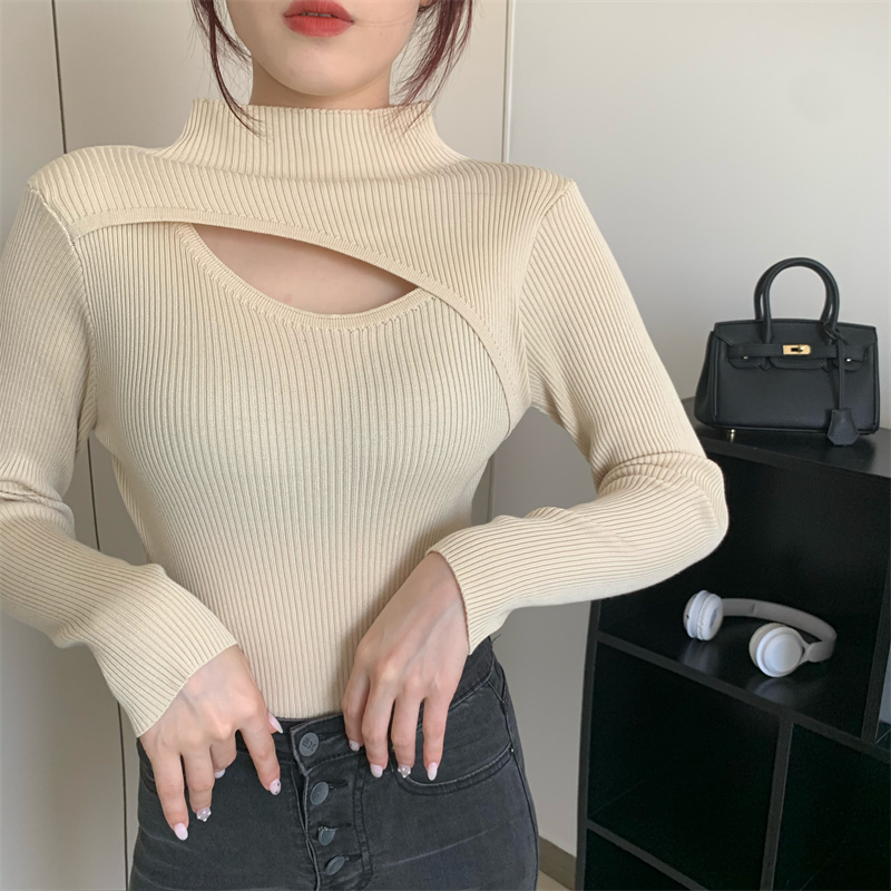 Slim long sleeve knitted half high collar hollow tops