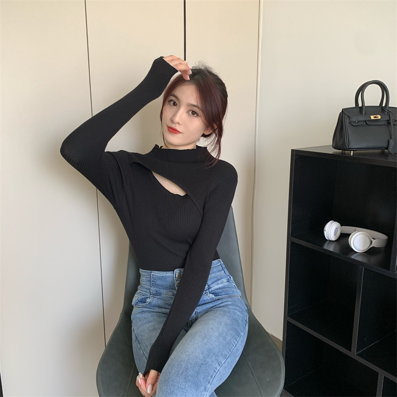 Slim long sleeve knitted half high collar hollow tops