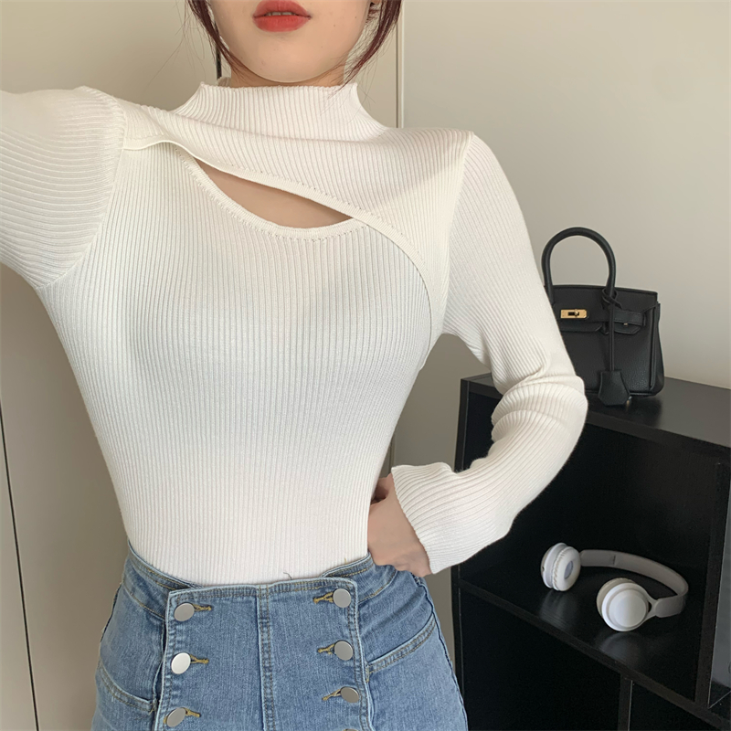 Slim long sleeve knitted half high collar hollow tops