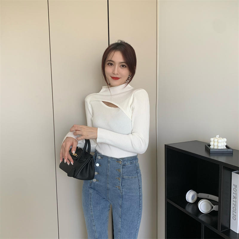 Slim long sleeve knitted half high collar hollow tops