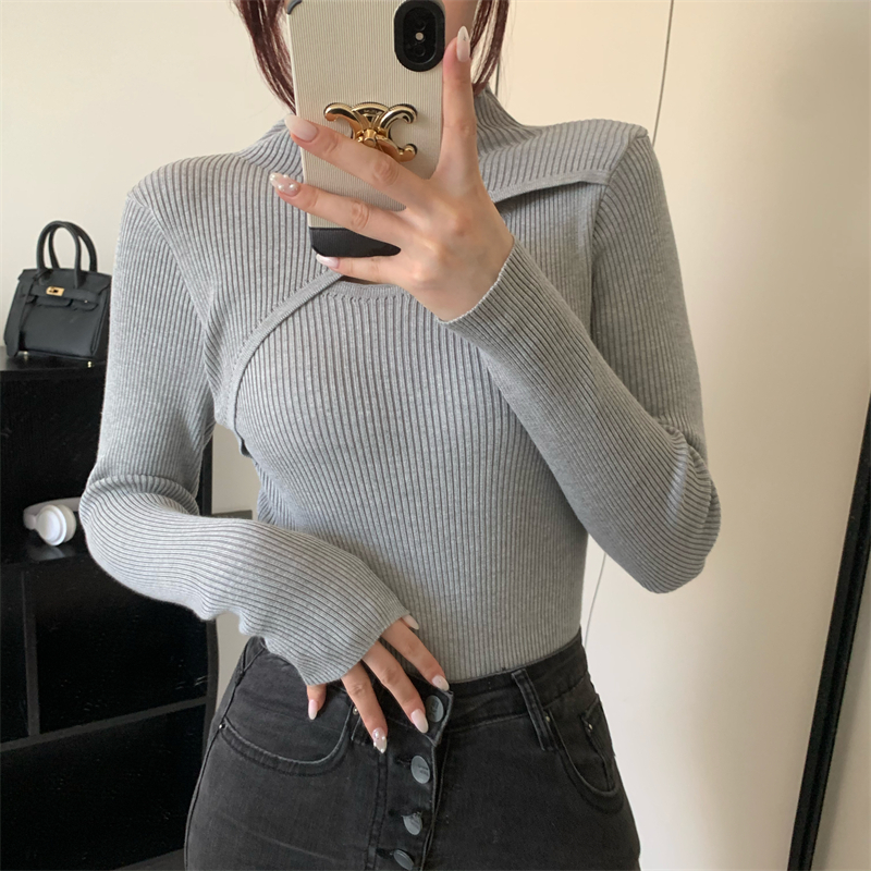 Slim long sleeve knitted half high collar hollow tops