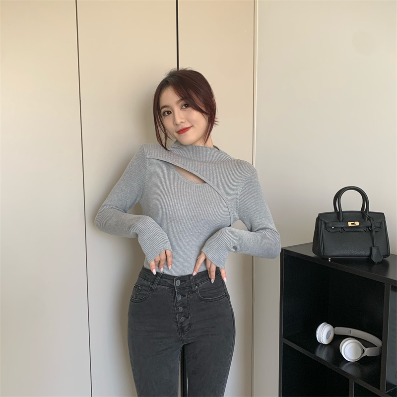 Slim long sleeve knitted half high collar hollow tops