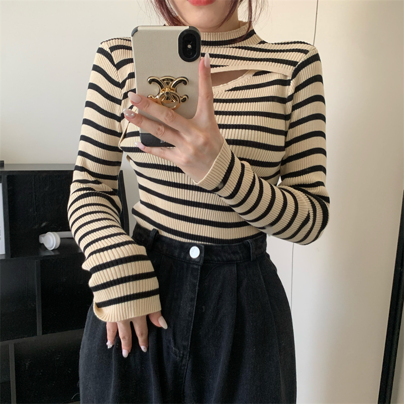 Half high collar hollow slim knitted long sleeve tops