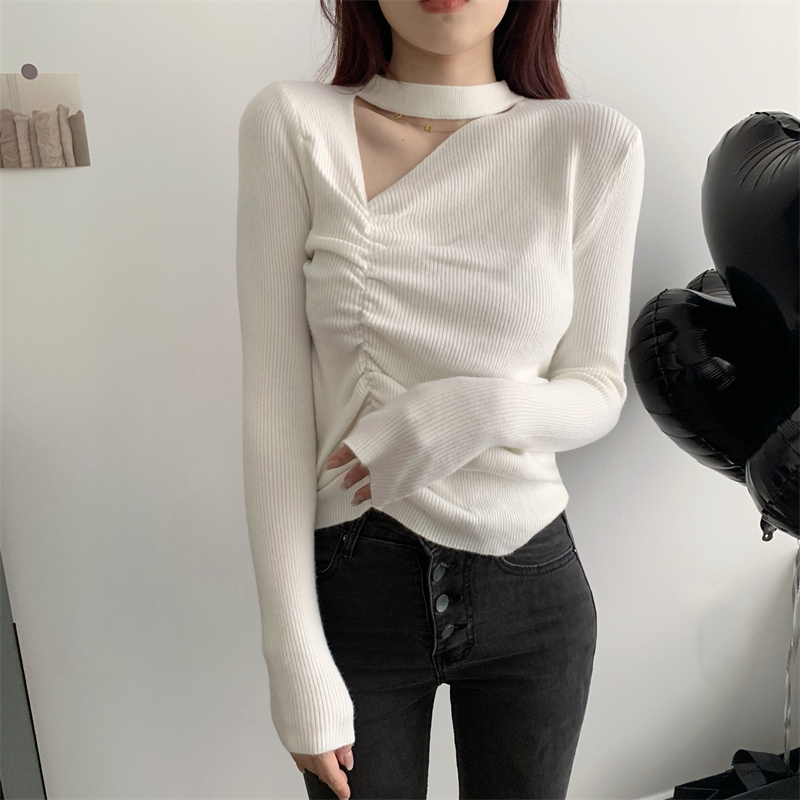 Fold drawstring clavicle autumn niche irregular tops