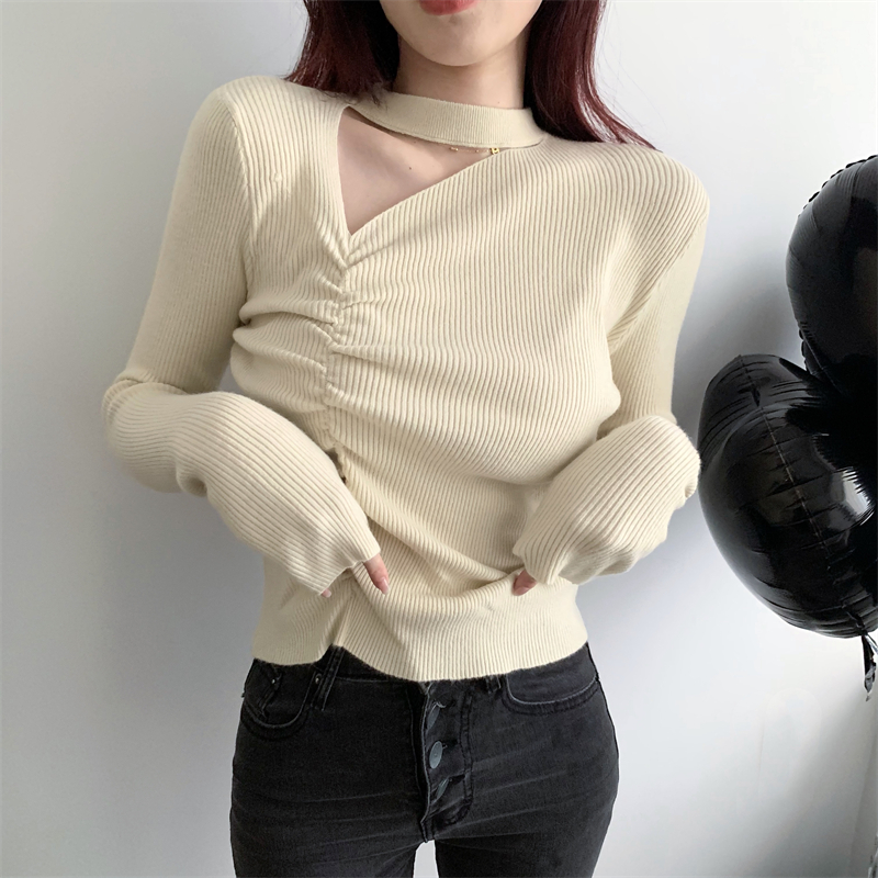 Fold drawstring clavicle autumn niche irregular tops