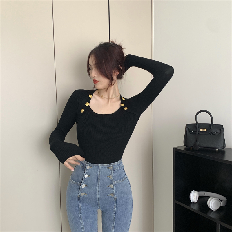 Square collar slim knitted pure tops for women