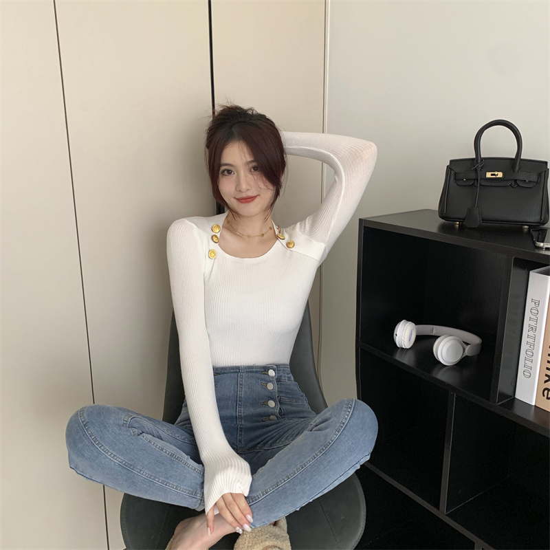 Square collar slim knitted pure tops for women