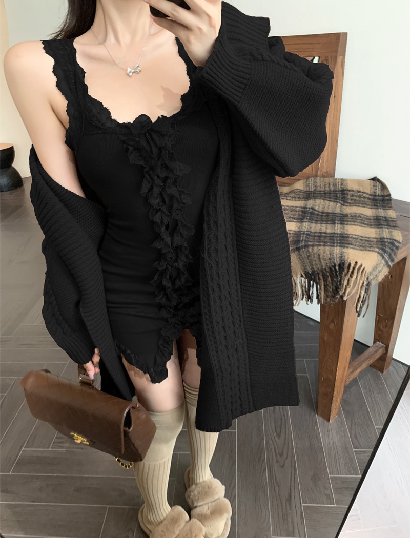 Splice many lace cardigan large lapel sleeveless dress 2pcs set