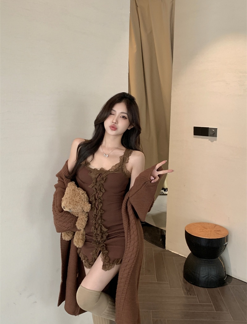 Splice many lace cardigan large lapel sleeveless dress 2pcs set