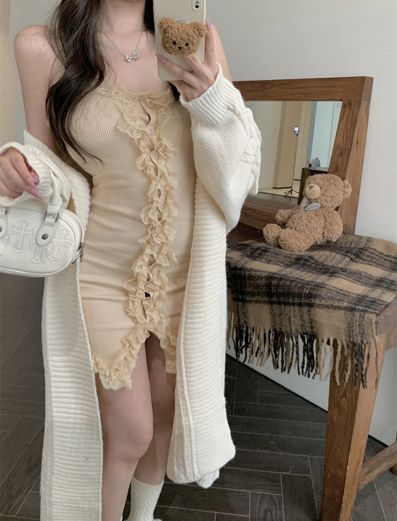 Splice many lace cardigan large lapel sleeveless dress 2pcs set