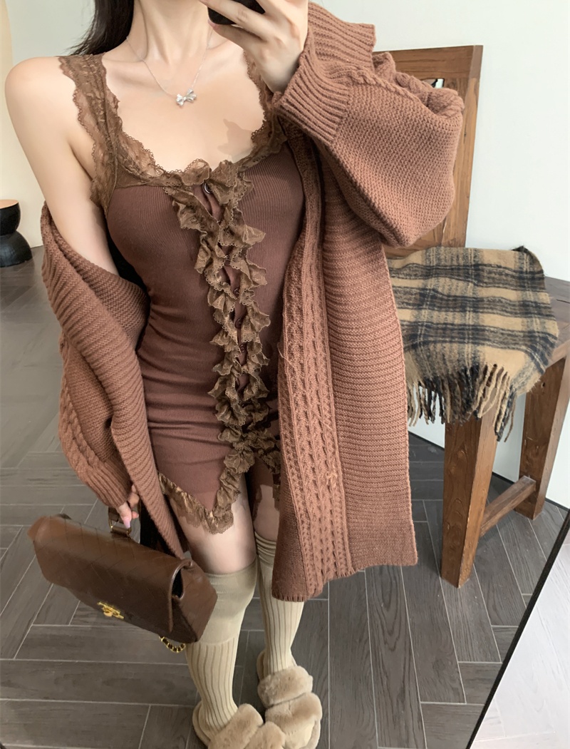 Splice many lace cardigan large lapel sleeveless dress 2pcs set