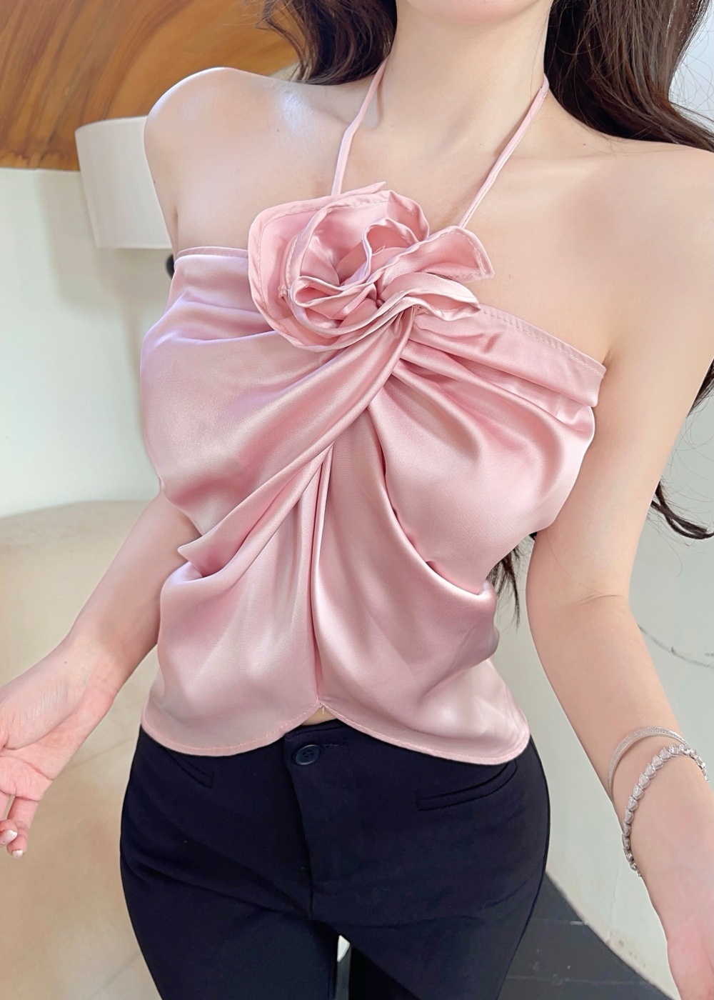 Sling strapless flowers folds V-neck tender tops