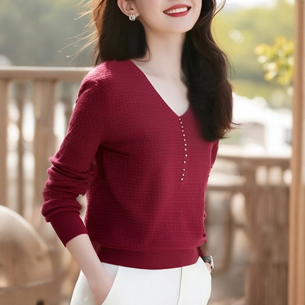 Beading knitted purple bottoming shirt for women