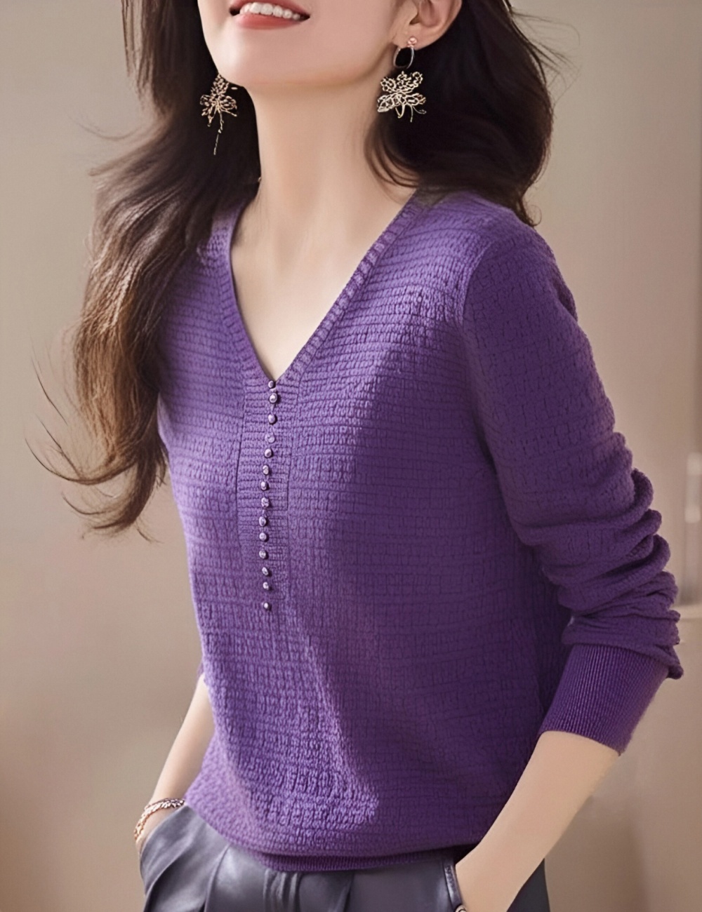 Beading knitted purple bottoming shirt for women