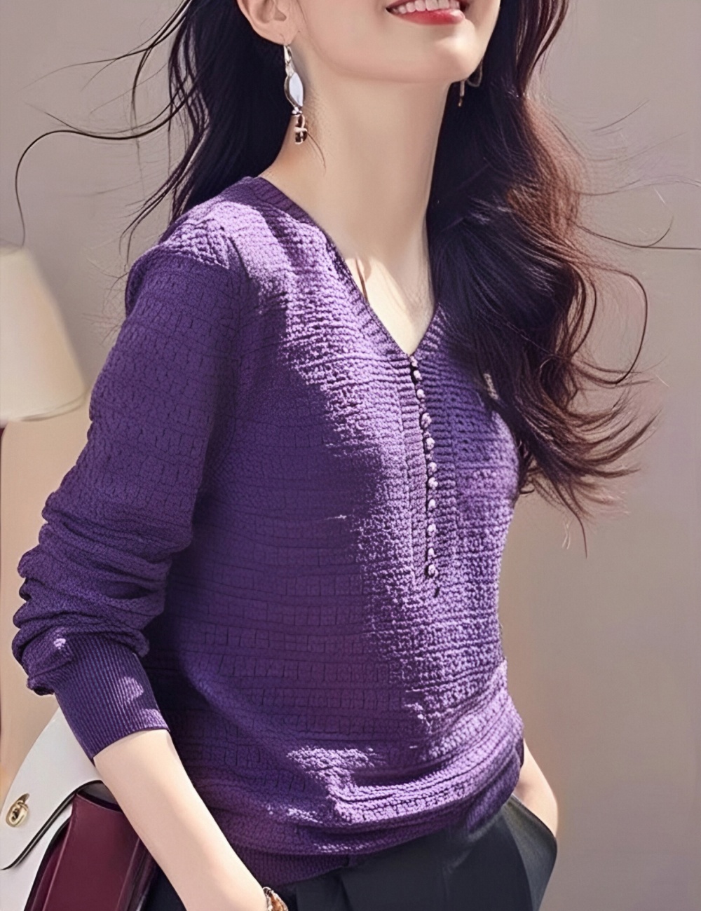 Beading knitted purple bottoming shirt for women