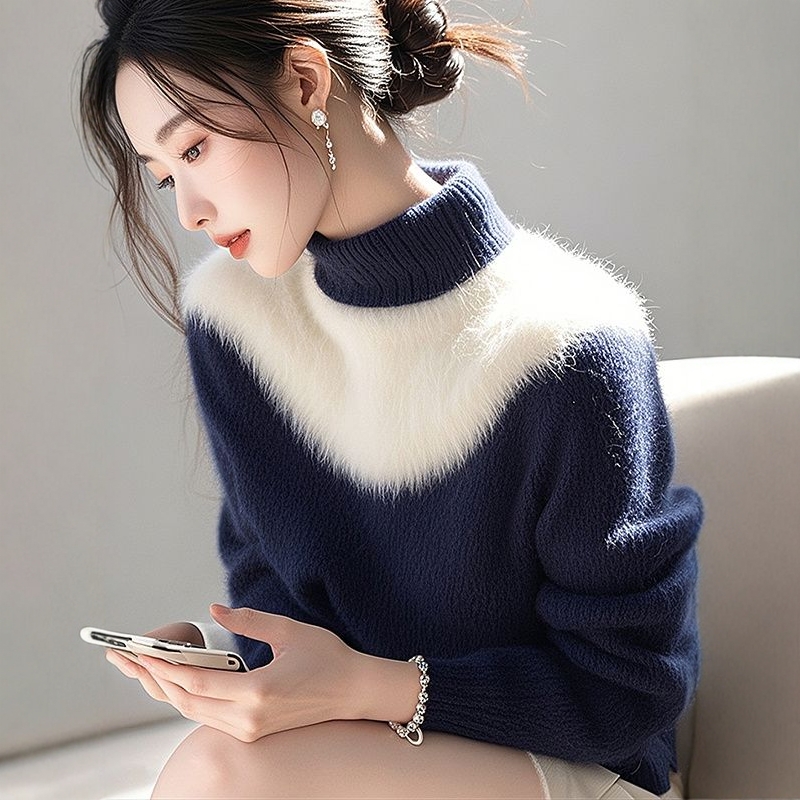 Half high collar tops winter sweater for women