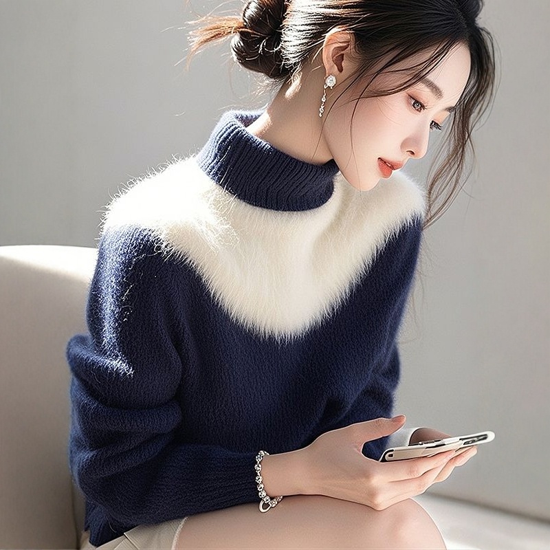 Half high collar tops winter sweater for women